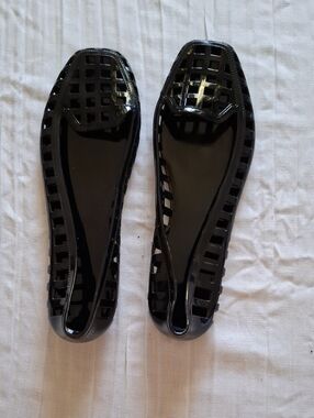 Black Jelly Ballet Flats Square Toe Woven Mesh Size 8